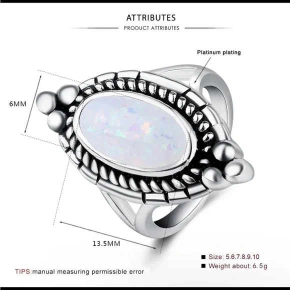 New Delicate Oval Ring White Gold Bohemian 925 Silver Retro Flower Opal Ring - Picture 8 of 8